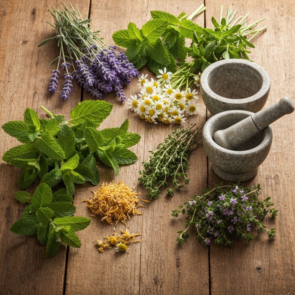 Ljekovite biljke na drvenom stolu